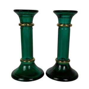 Vintage Pier 1 Green Glass Candleholders Pair With Gold Detail Made in Spain